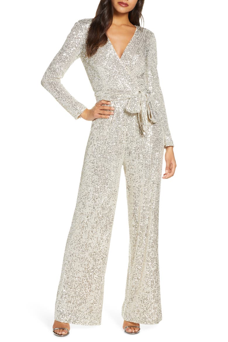 Sequin Wrap Front Long Sleeve Jumpsuit, Main, color, SILVER