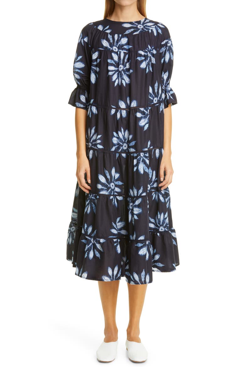 Paradis Tiered Puff Sleeve Cotton Dress, Main, color, NAVY / FLORAL PRINT