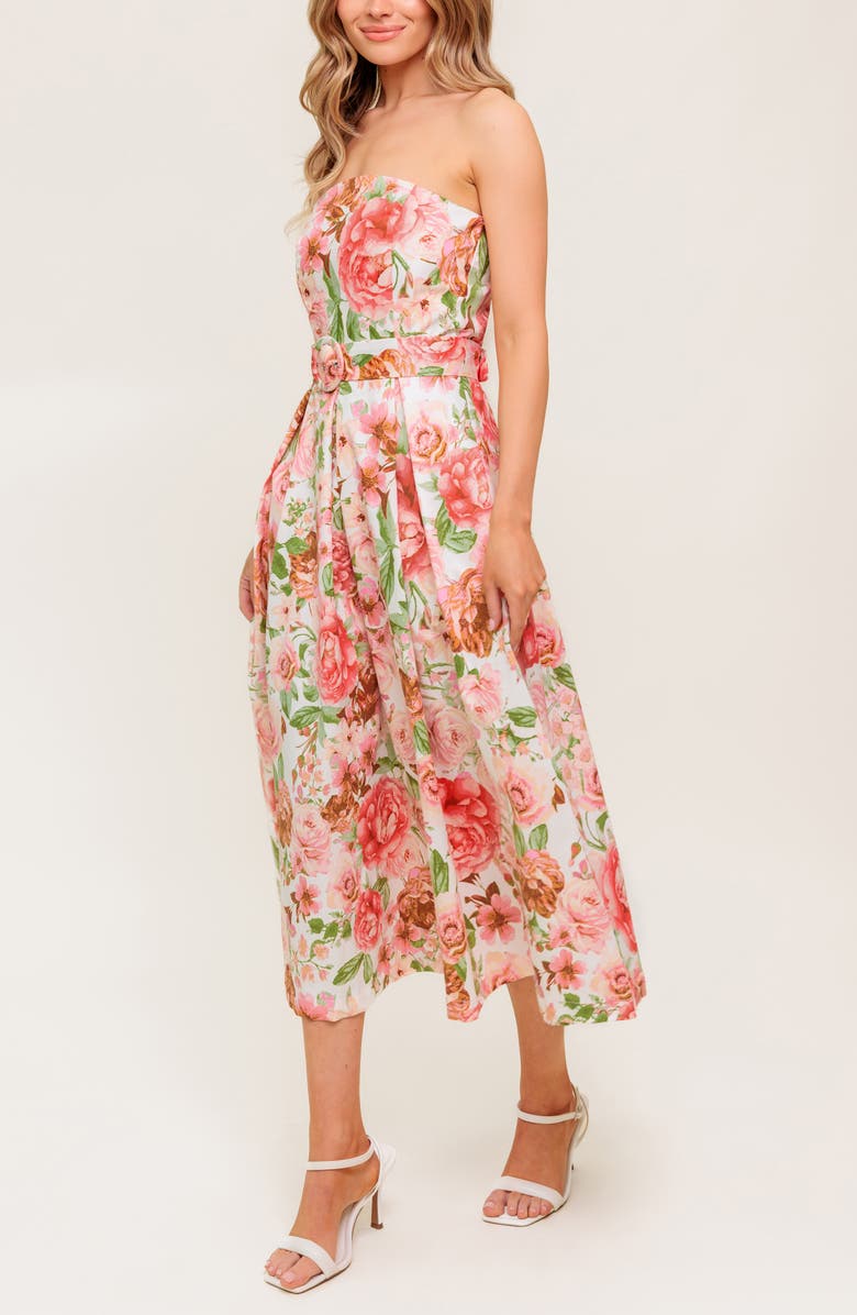 FLYING TOMATO Floral Strapless Midi Dress, Alternate, color, Ivory Pink