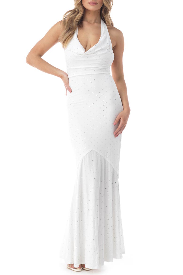 Rhinestone Open Back Halter Gown, Main, color, WHITE