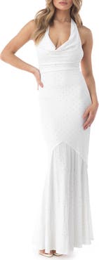 Sky Rhinestone Open Back Halter Gown