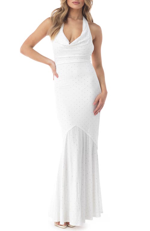 Sky Rhinestone Open Back Halter Gown In White
