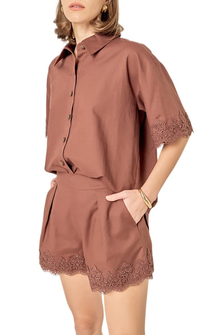 Embroidered Lace Linen Blend Shirt, Alternate, color, CHOCOLATE BROWN