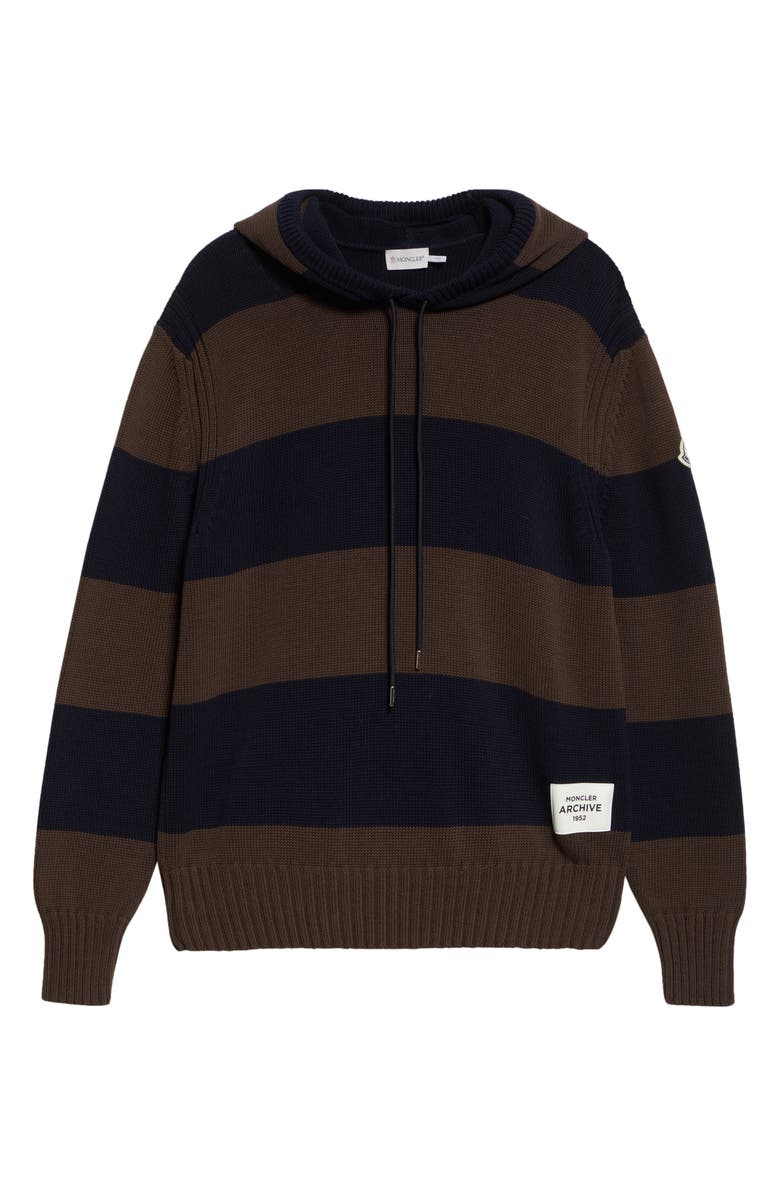 Moncler Stripe Logo Knit Cotton Hoodie, Alternate, color, 