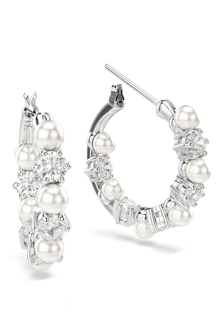 Matrix Crystal & Faux Pearl Hoop Earrings, Alternate, color, WHITE