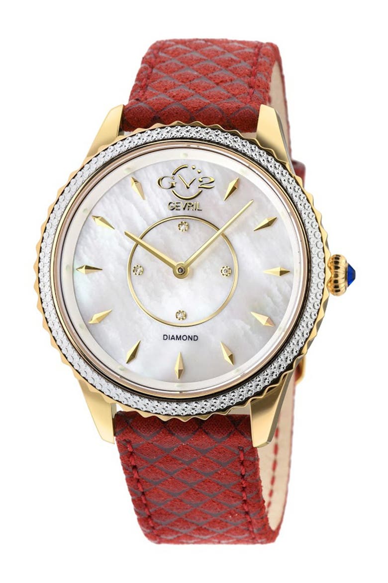 Siena Mother Of Pearl White Dial Diamond Red Leather Strap Watch, 38mm - 0.0044 ctw, Main, color, BURGUNDY