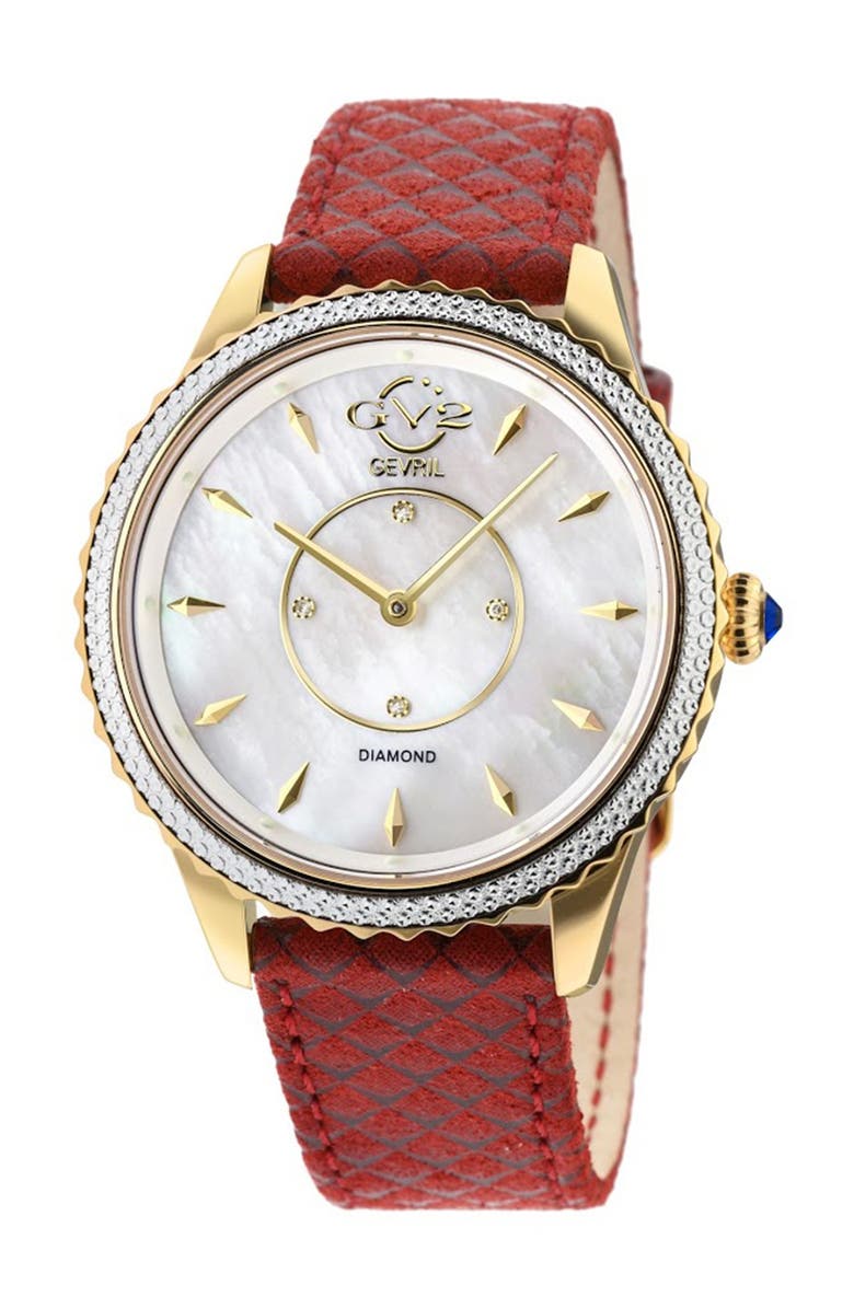 GV2 Siena Mother Of Pearl White Dial Diamond Red Leather Strap Watch, 38mm - 0.0044 ctw, Main, color,