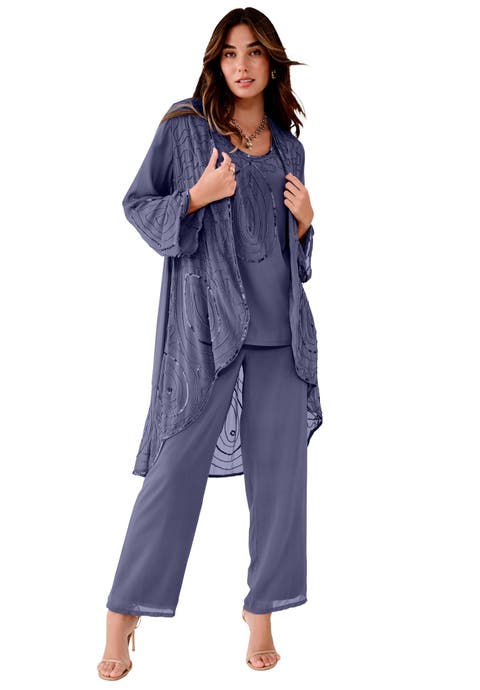 Plus Size Beaded Georgette Scoop Neck 3-Piece Pant Set (Plus)