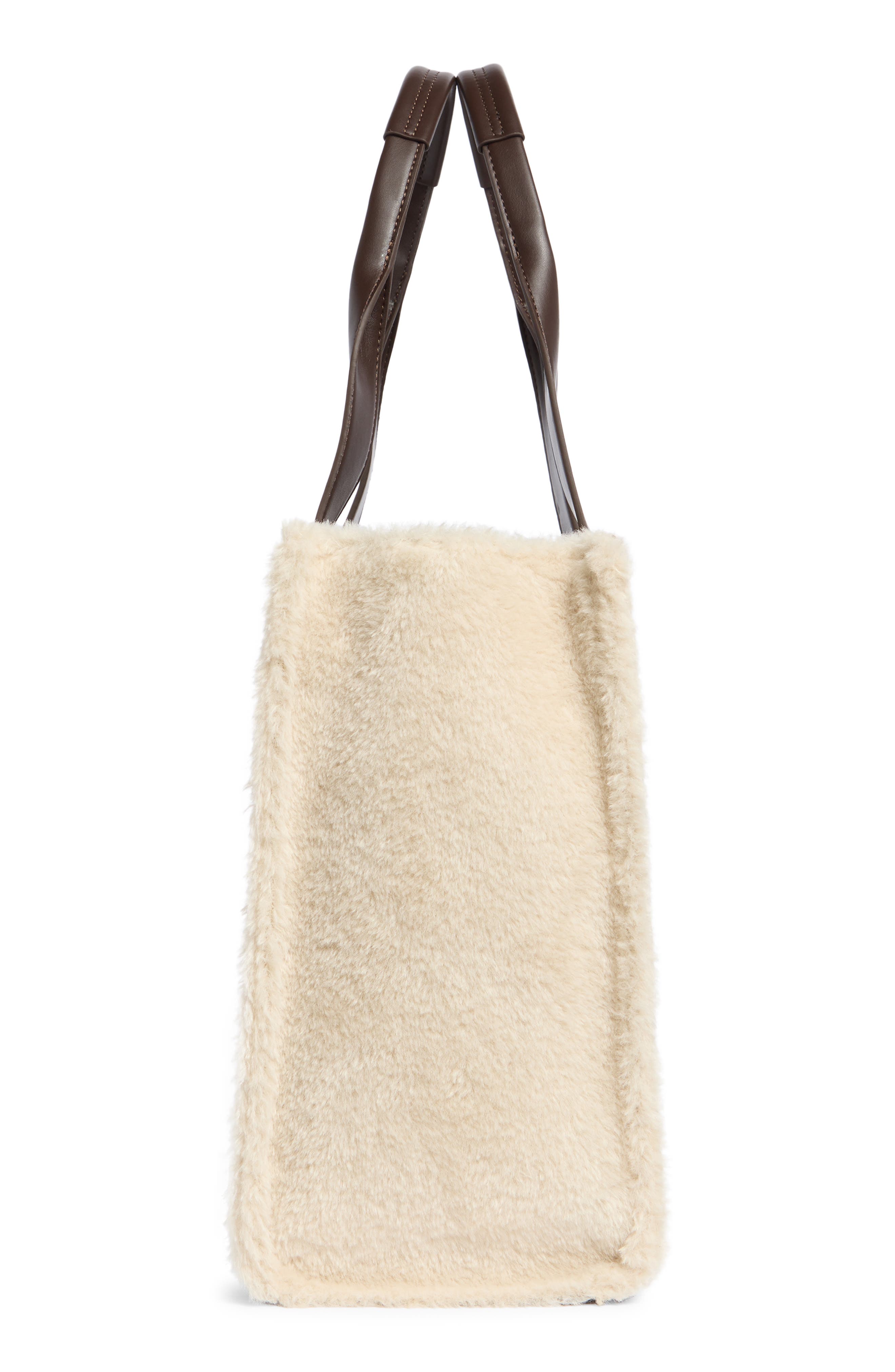 BCBG Whipstitch Faux Shearling Tote Bag with Pouch, Alternate, color, Cream Chocolate