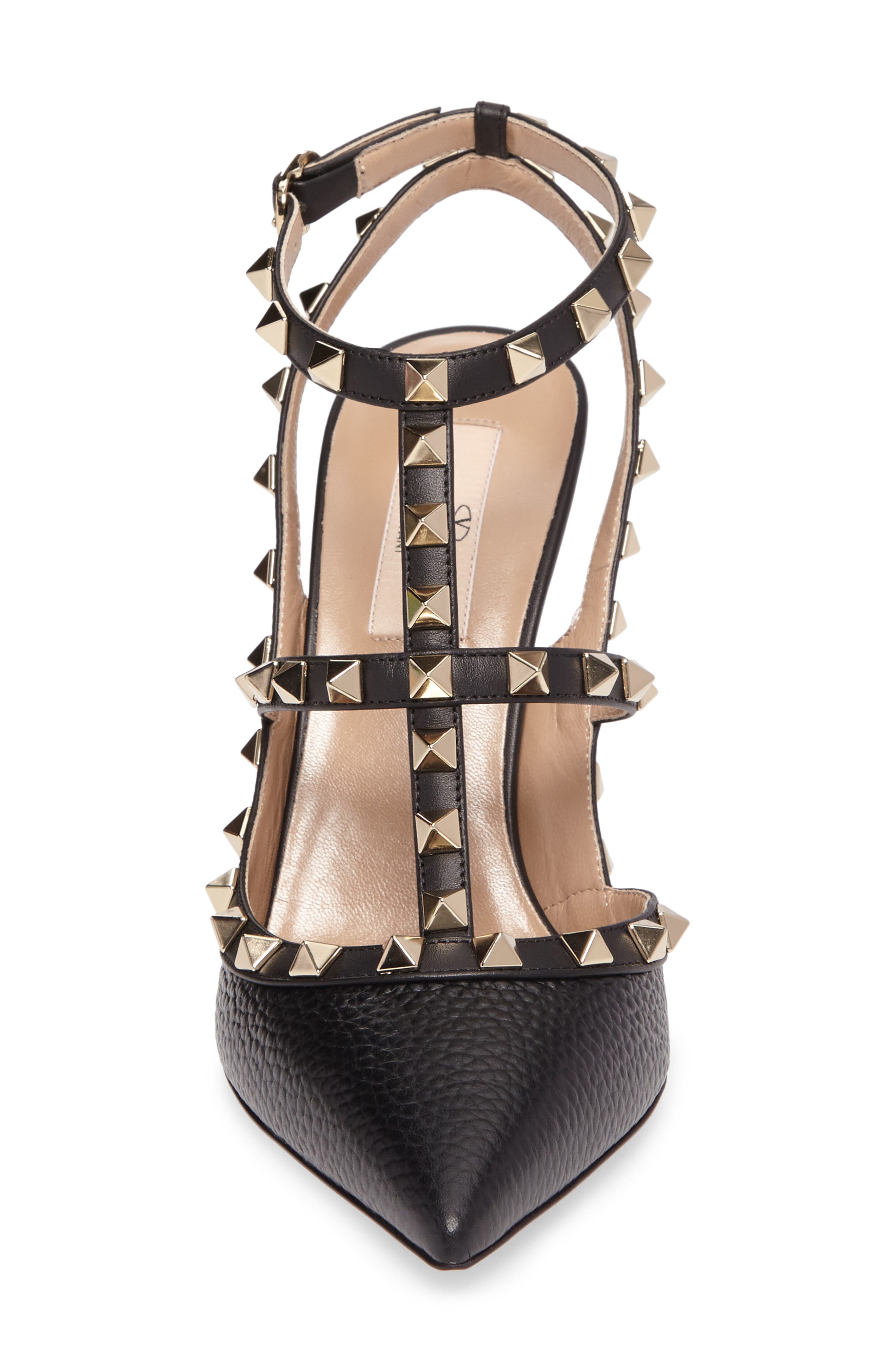 Rockstud T-Strap Pointed Toe Pump, Alternate, color, BLACK