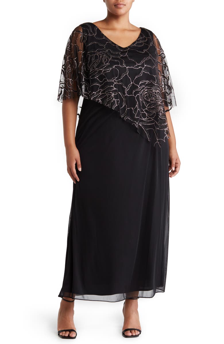 SL FASHIONS Floral Glitter Popover Gown, Main, color,