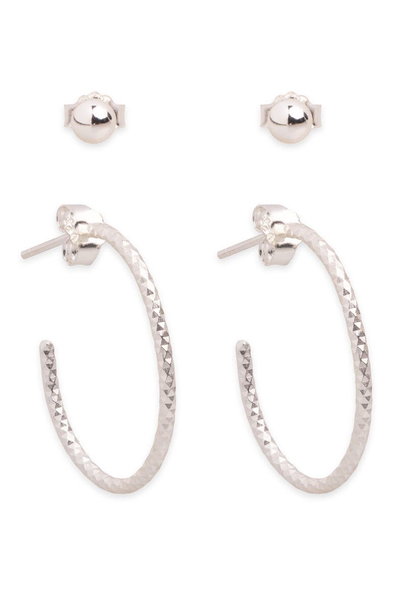 Set of 2 Ball Stud & Textured Hoop Earrings, Main, color, SILVER