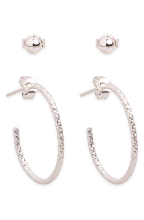 Set of 2 Ball Stud & Textured Hoop Earrings