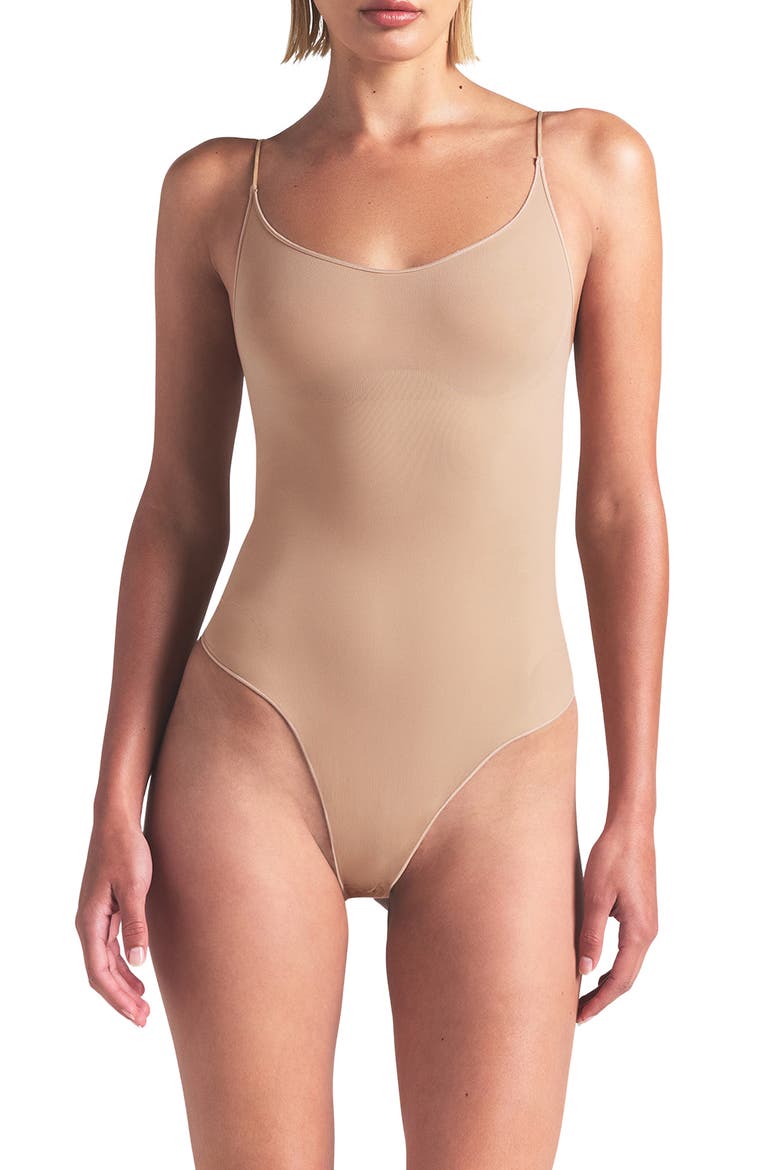 Sheer Seamless Thong Bodysuit, Main, color, CLAY