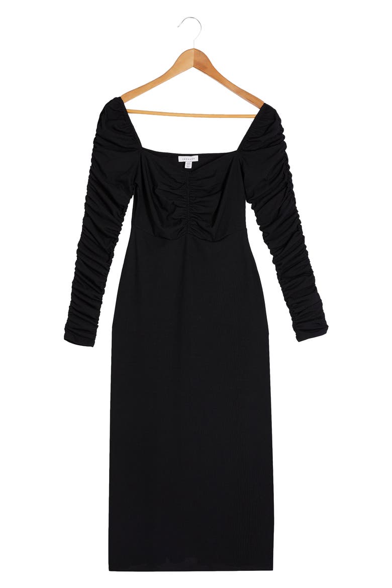 Ruched Long Sleeve Midi Dress, Alternate, color, BLACK