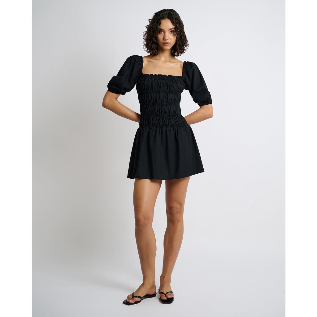Onia Air Linen Smocked Mini Dress In Black