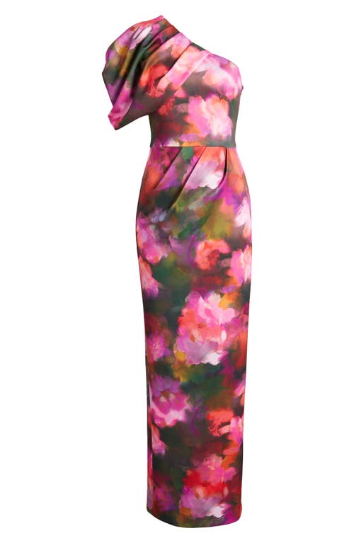 Black Halo Egan Puff Sleeve One-shoulder Gown In Rose Fields