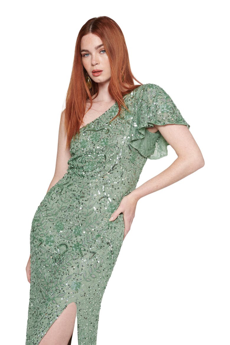 Occasion Embellished Sequin Beaded One Shoulder Short Sleeves Evening Dress, Alternate, color, DARK GREEN