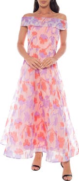 Oleg Cassini Floral Organza Off-the-Shoulder Gown