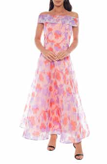 Oleg Cassini Floral Organza Off-the-Shoulder Gown