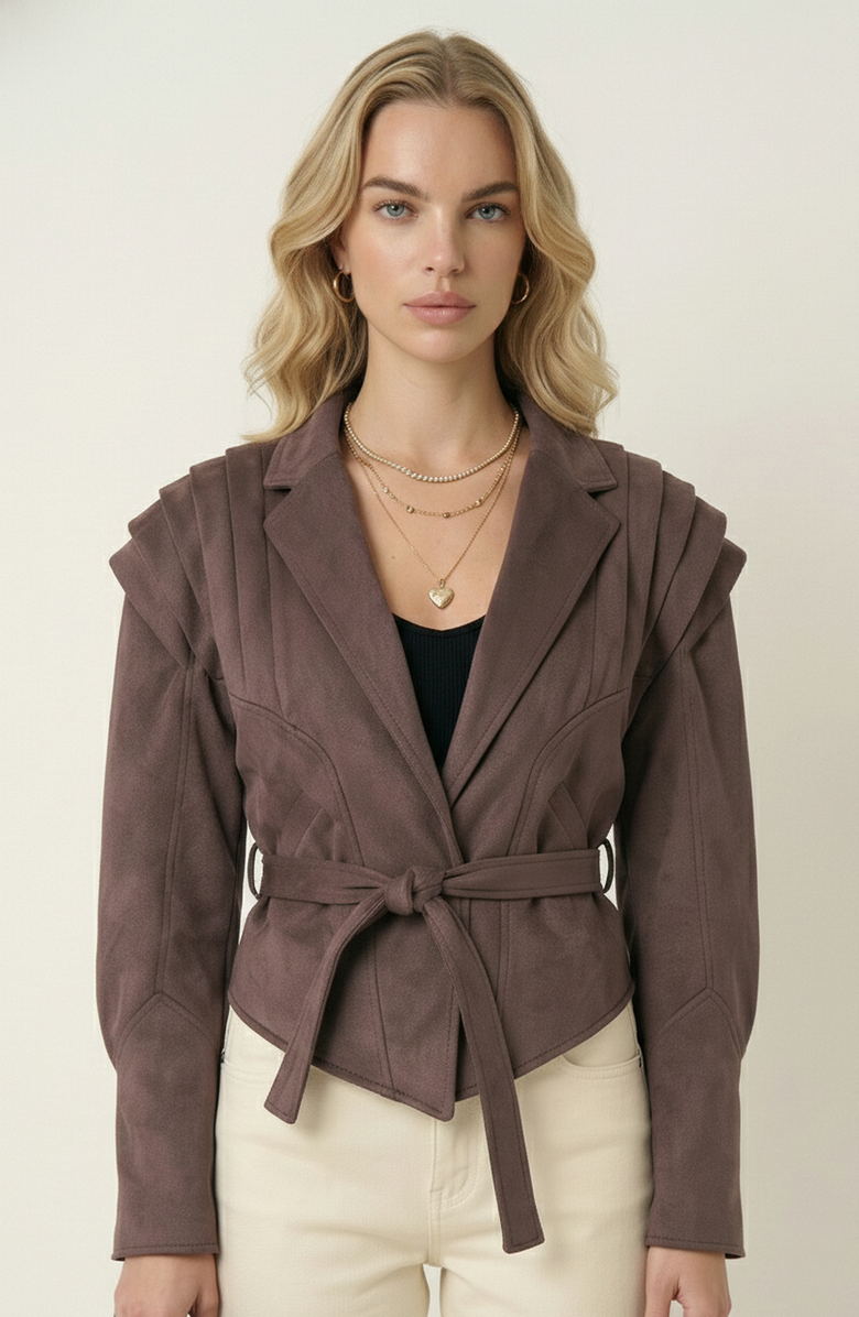 Modenaire Structured Belted Pleated Shoulder Jacket, Main, color, Brown