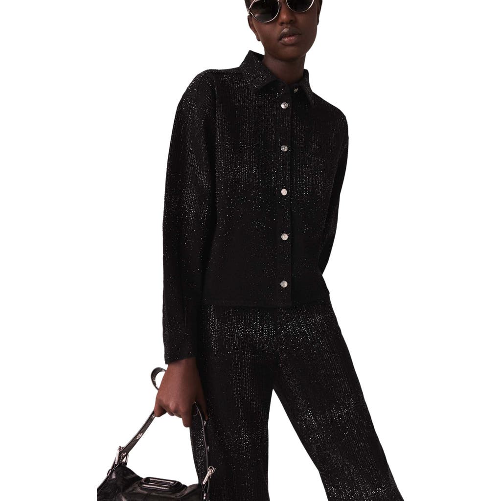 Maje Rhinestone Denim Shirt In Black