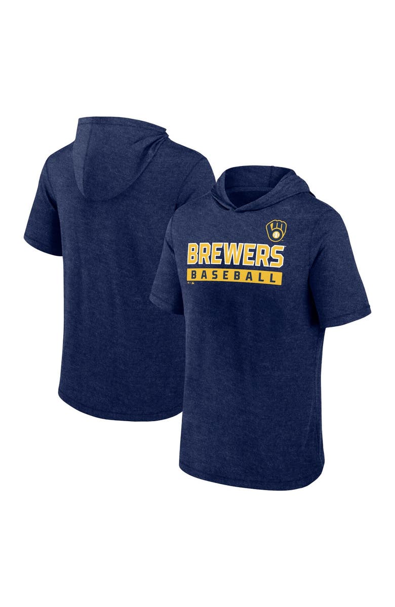 FANATICS Men's Fanatics Heather Navy Milwaukee Brewers Push Short Sleeve Pullover Hoodie, Alternate, color,