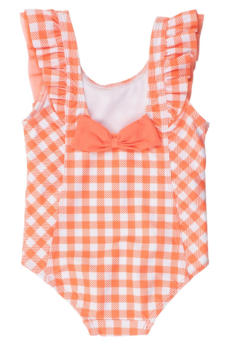Gingham Waterfall Ruffle One-Piece Swimsuit, Alternate, color, ORANGE
