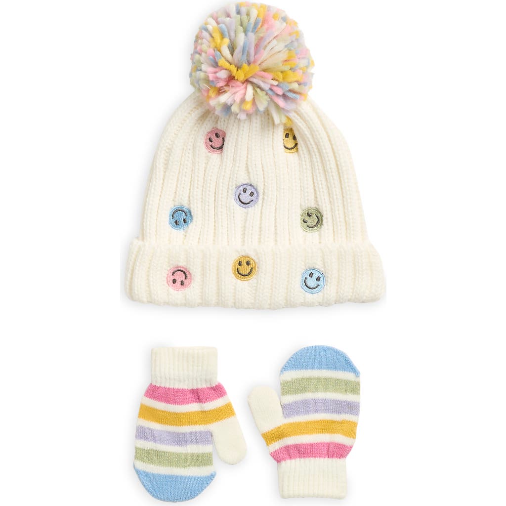 Toby Smiley Face Beanie & Mittens Set In Neutral
