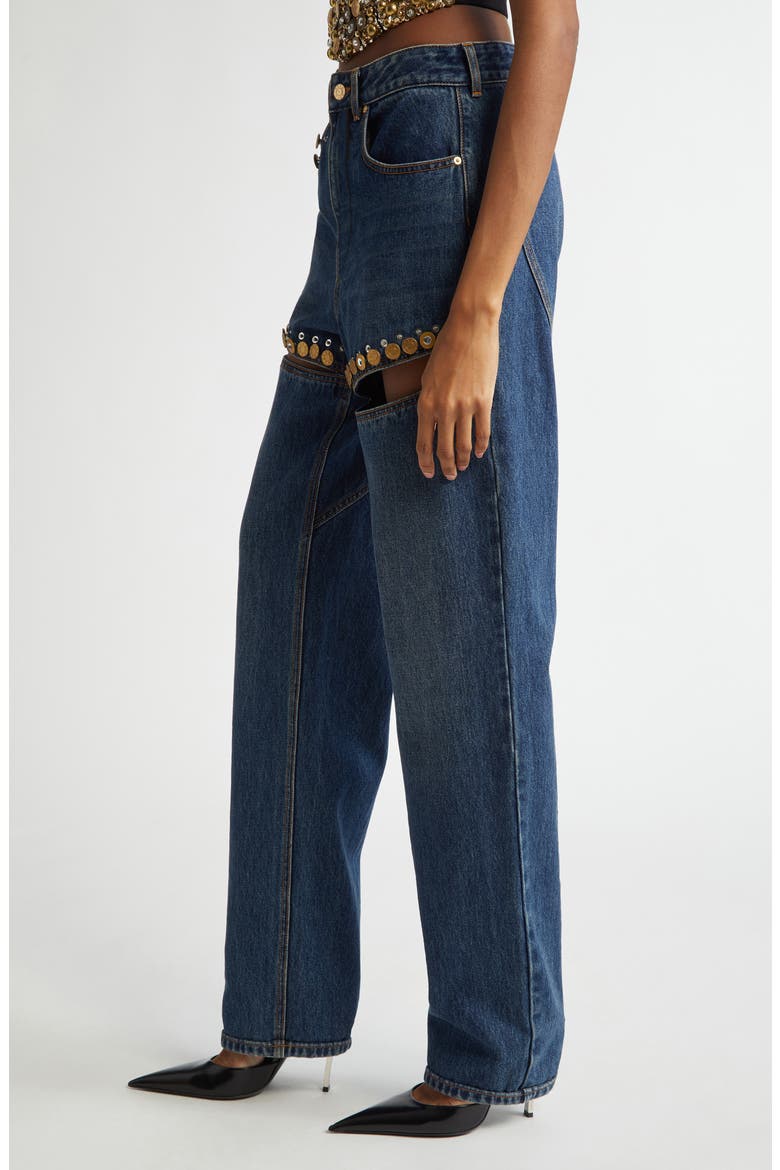Crystal Button Studded Cutout Straight Leg Jeans, Alternate, color, DARK BLUE