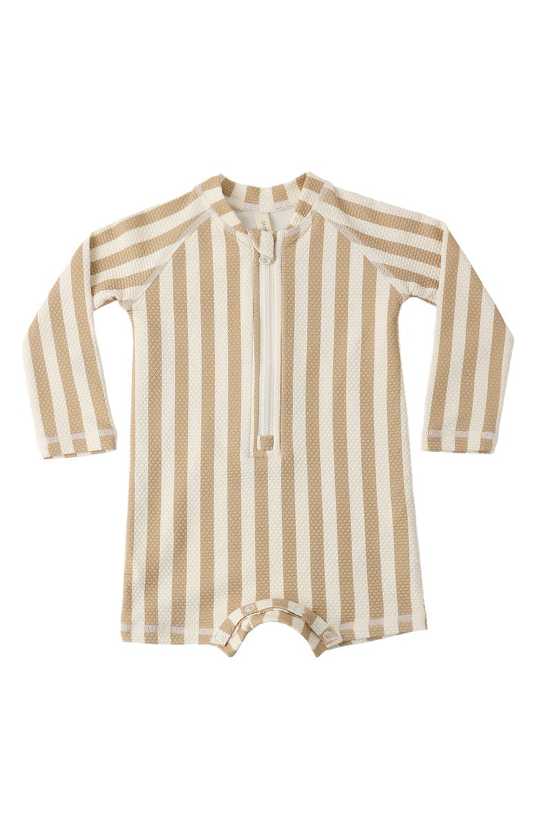 QUINCY MAE Stripe Long Sleeve UPF 50+ One-Piece Rashguard Swimsuit, Alternate, color, Latte
