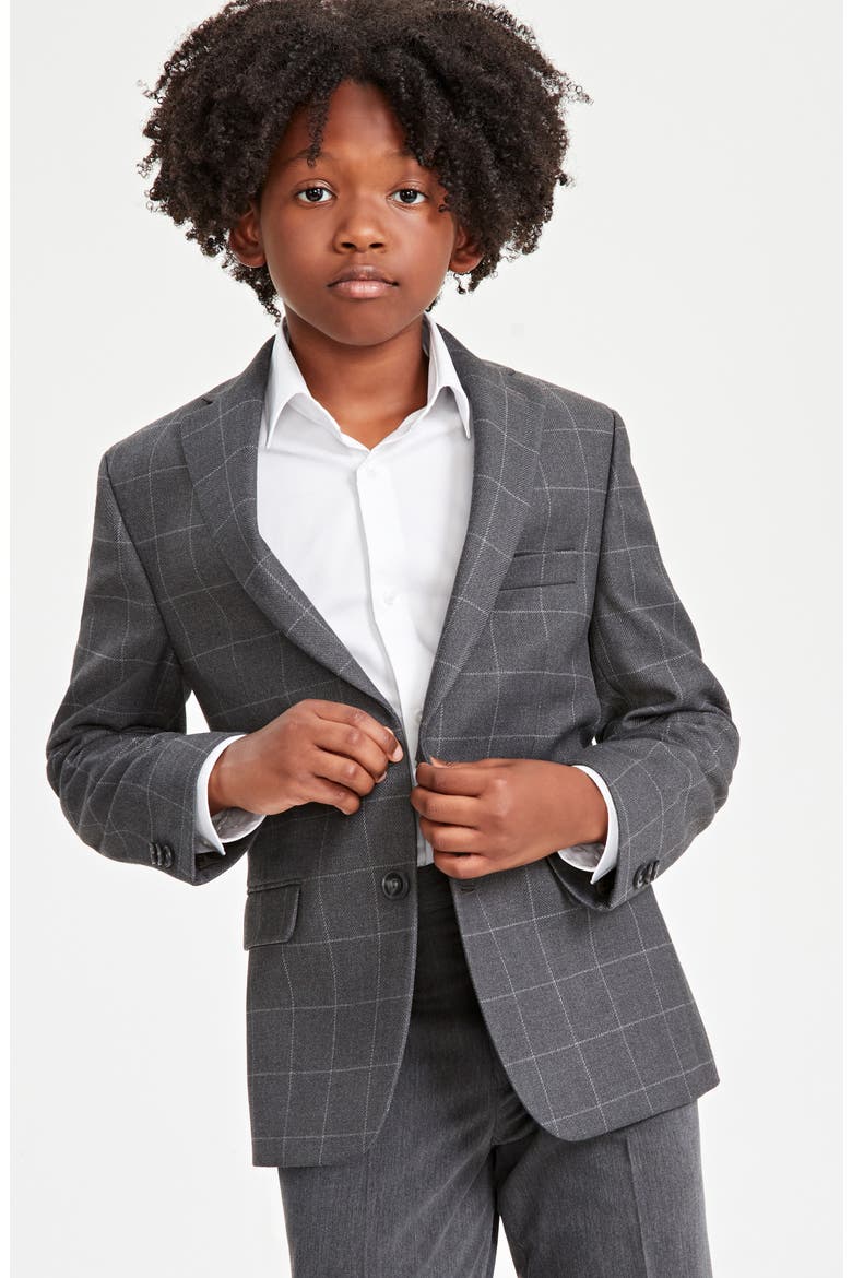Kids' Windowpane Check Blazer, Main, color, GREY