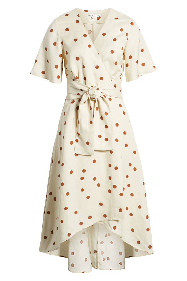Polka Dot Linen Blend Midi Wrap Dress, Alternate, color, CREAM/ TAN