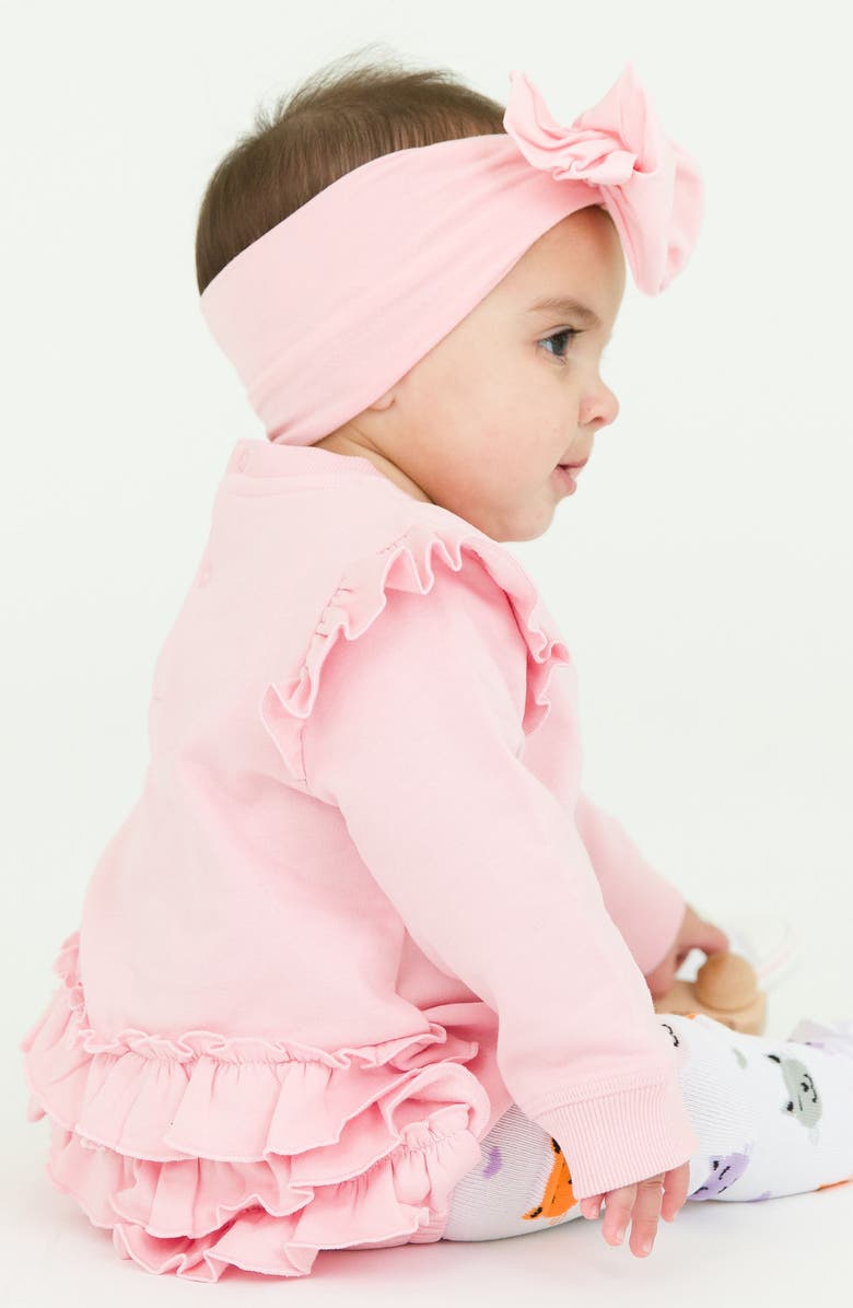 RuffleButts Ruffle Cotton Sweatshirt Bubble Romper, Alternate, color, Pink