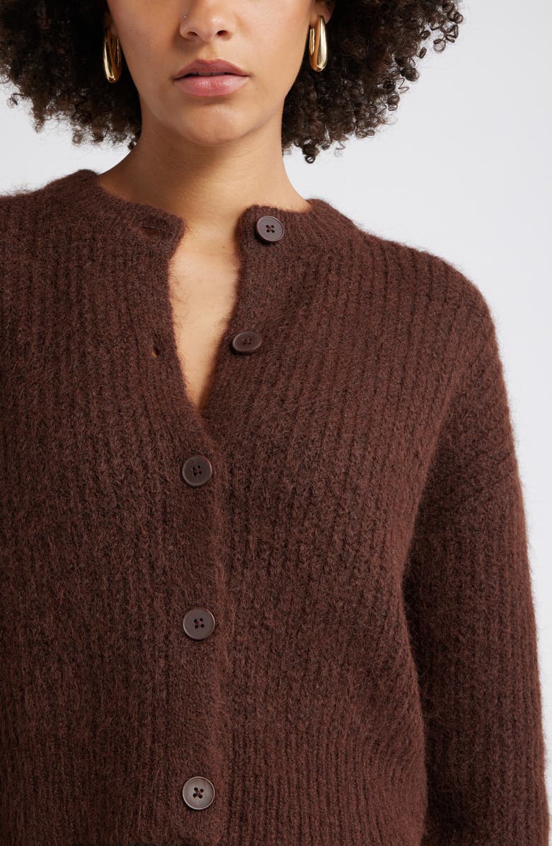 Open Edit Fuzzy Crewneck Cardigan, Alternate, color, Brown Seal