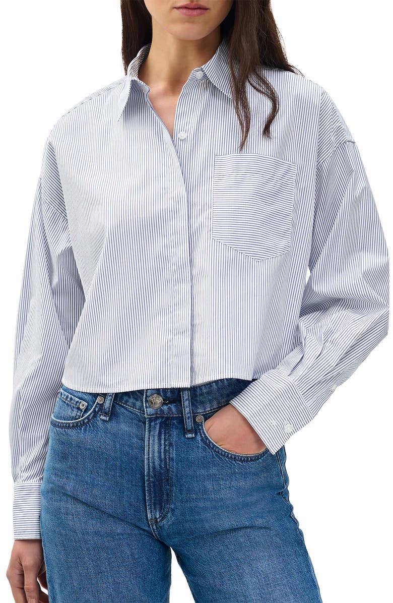rag & bone Marin Stripe Crop Cotton Button-Up Shirt, Main, color, White Stripe