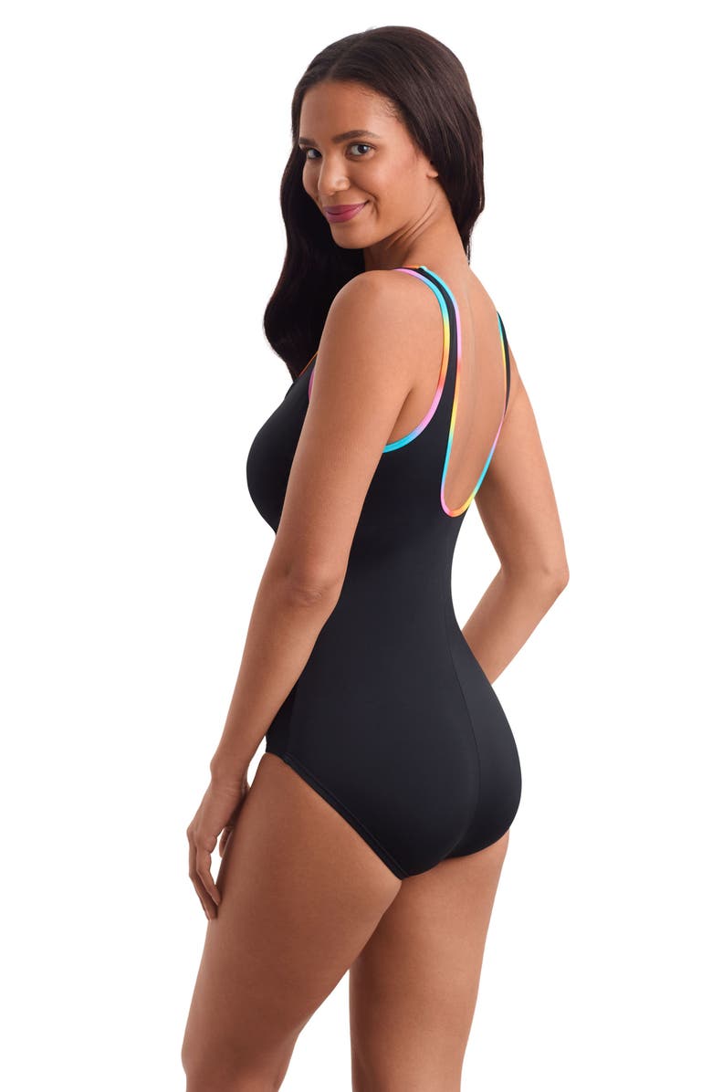 ShapeSolver Sport Shirred Zipper Tank Chlorine Resistant One-Piece Swimsuit, Alternate, color, Ombre Sorbet