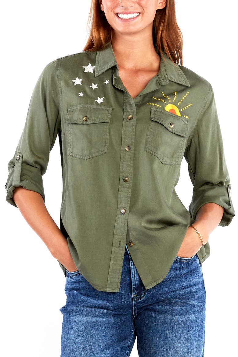 Hello Sunshine Embroidered Button-Up Shirt, Main, color, SOFT OLIVE