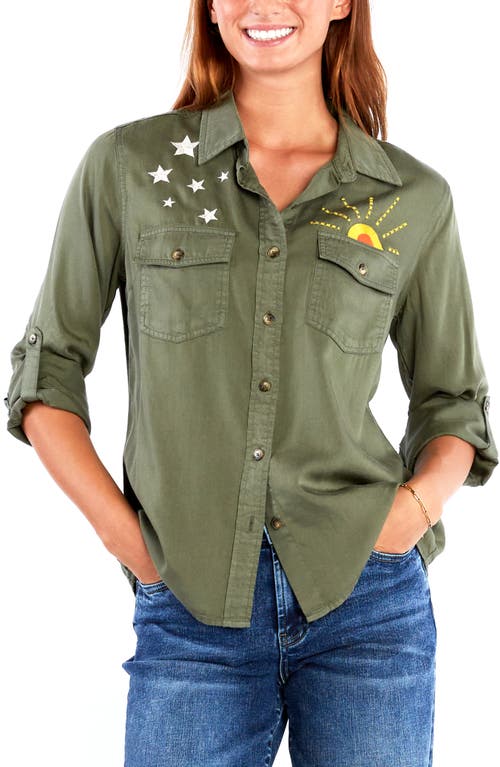 Billy T Hello Sunshine Embroidered Button-Up Shirt in Soft Olive 