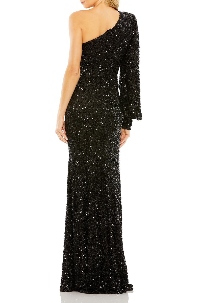 Mac Duggal Sequined One Shoulder Bishop Sleeve Trumpet Gown, Alternate, color, Black
