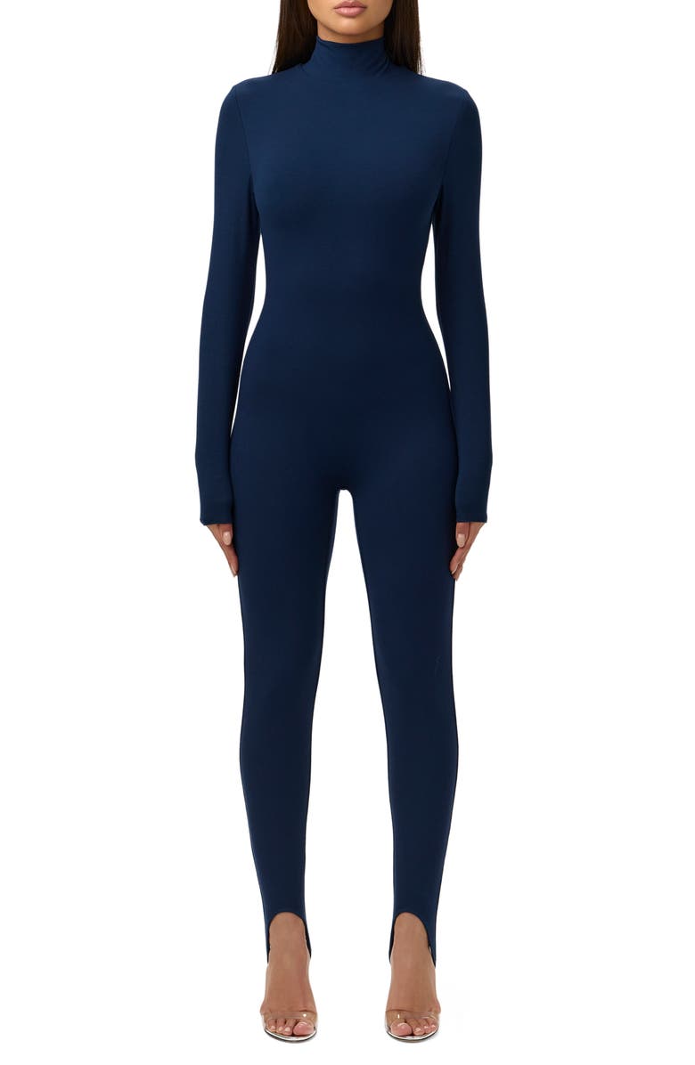 Naked Wardrobe Butter Long Sleeve Stirrup Jumpsuit, Main, color, Navy Blue