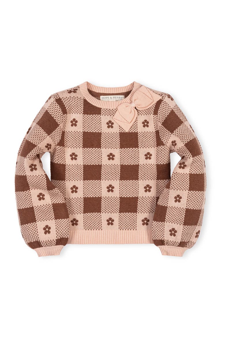 Kids' Organic Bow Detail Intarsia Sweater, Main, color, Cinnamon Heather Intarsia