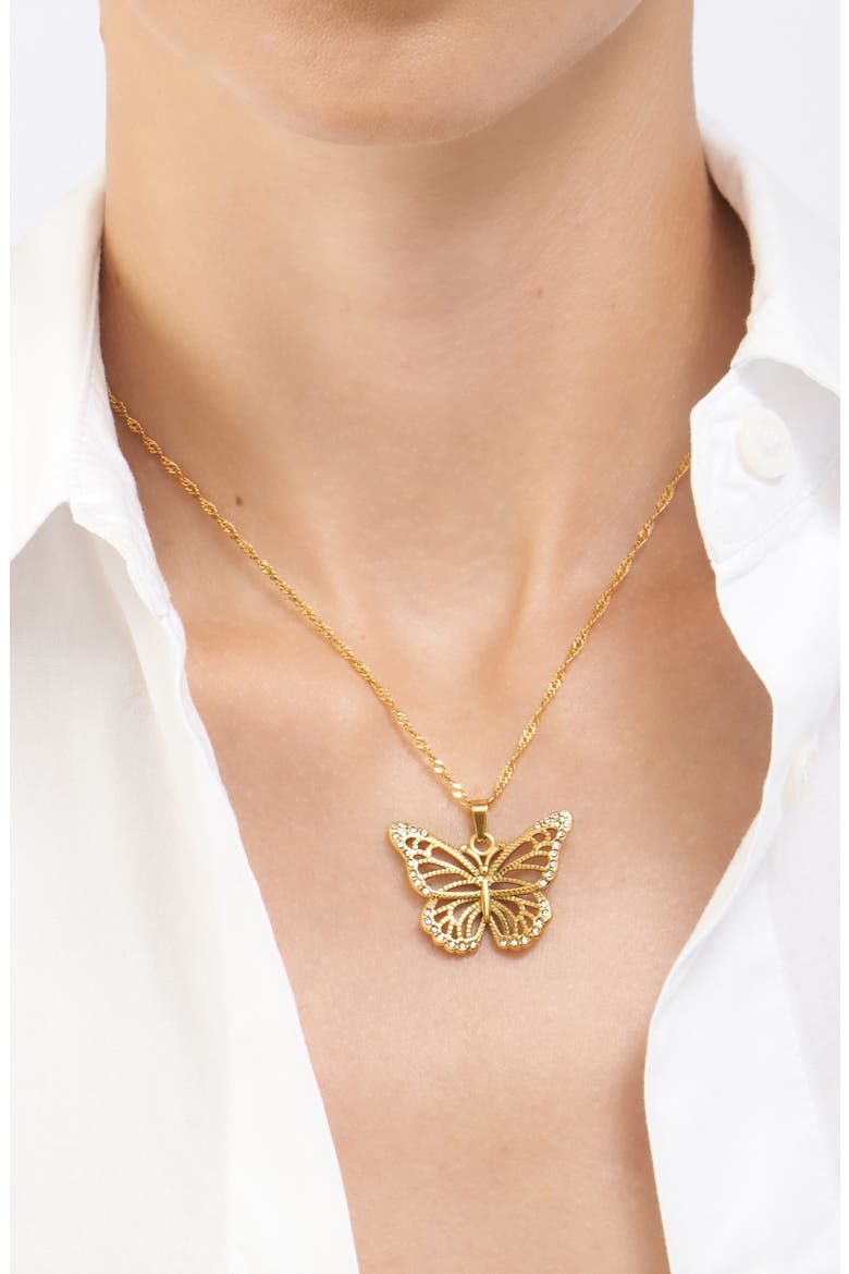 Pavé CZ Butterfly Water Resistant Pendant Necklace, Alternate, color, GOLD