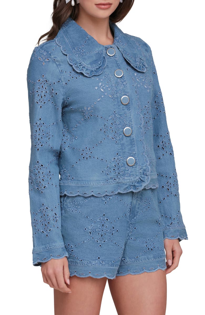 Avec Les Filles Crop Stretch Cotton Eyelet Jacket, Alternate, color, Sea Blue Wash