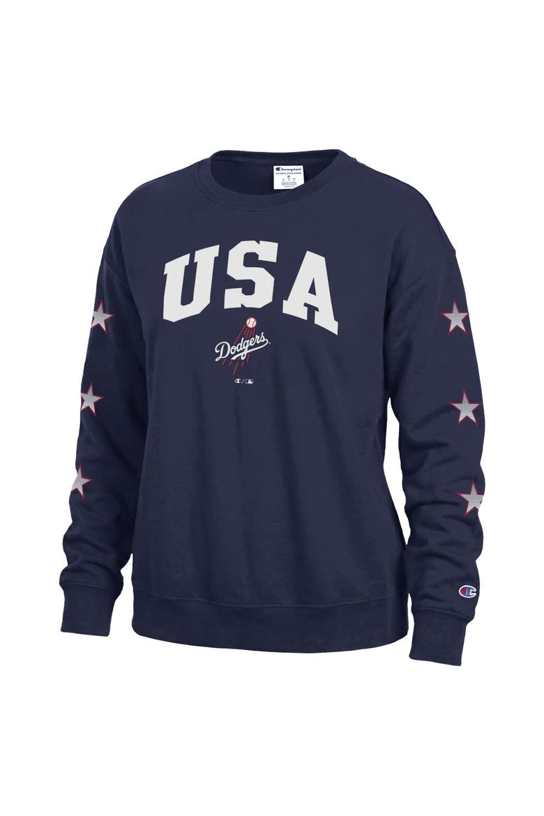 Women's Champion  Navy Los Angeles Dodgers Americana Fleece Crewneck Sweatshirt, Alternate, color, Navy
