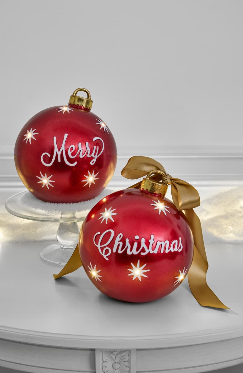 Balsam Hill Lit Tabletop Merry Christmas Ornament Set, Alternate, color, Red & White