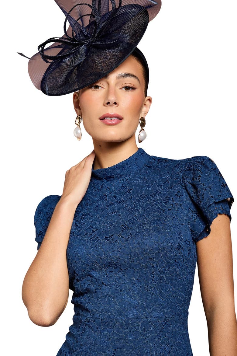 Lace Frill Sleeve High Neck Midi Dress, Alternate, color, Navy