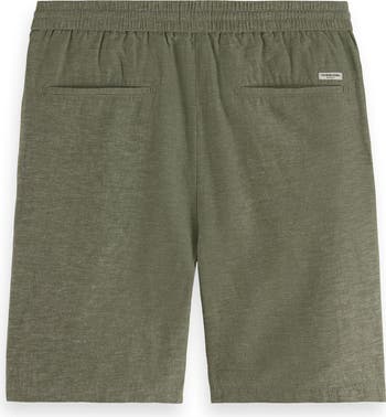 Flat Front Slub Cotton & Linen Twill Drawstring Bermuda Shorts