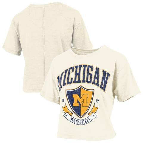 Women's Pressbox Cream Michigan Wolverines Buckler Vintage Cropped T-Shirt