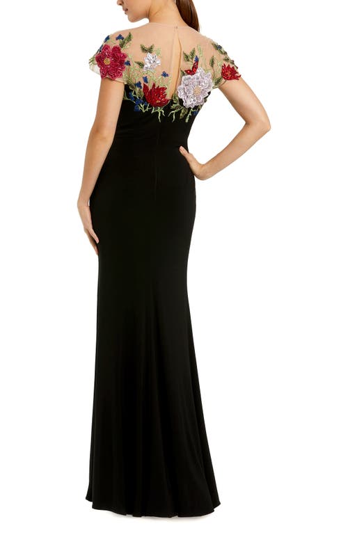 Mac Duggal Embroidered Floral Detail A-line Gown In Black Multi